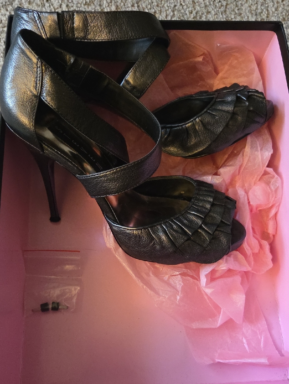 Y2K Steven By Steve Madden Pewter 7 Peep-Toe High Heels with Extra Heels Demy